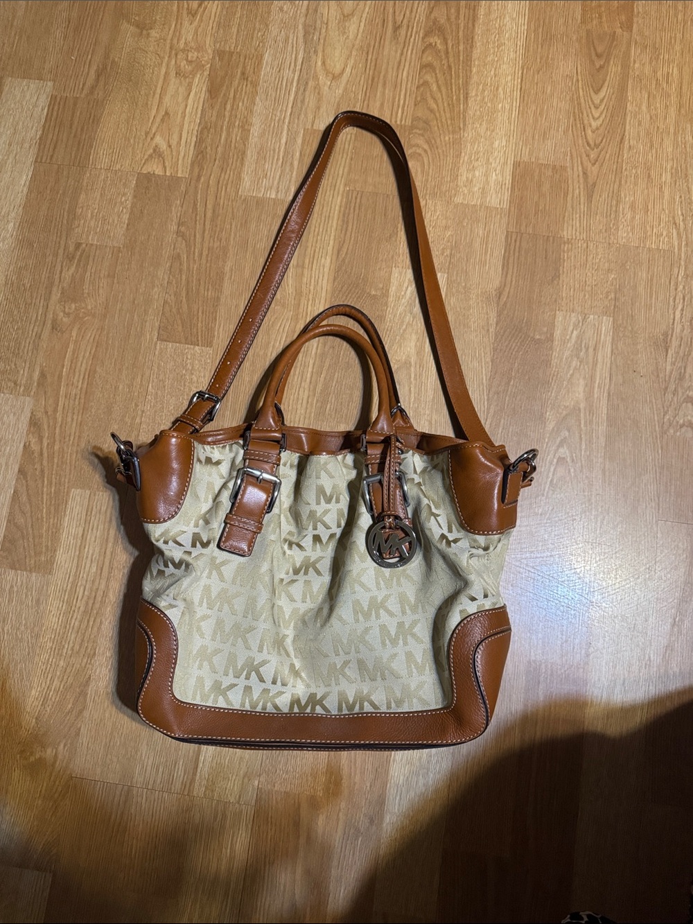 Michael Kors Beige MK Signature Tote with Tan Leather Trim